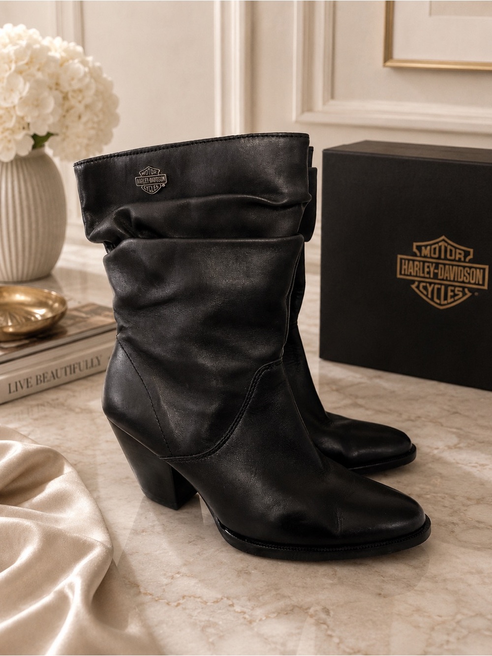 Harley-Davidson Black Leather Slouchy Block‎ Heel Moto Biker Boots Womens 7.5